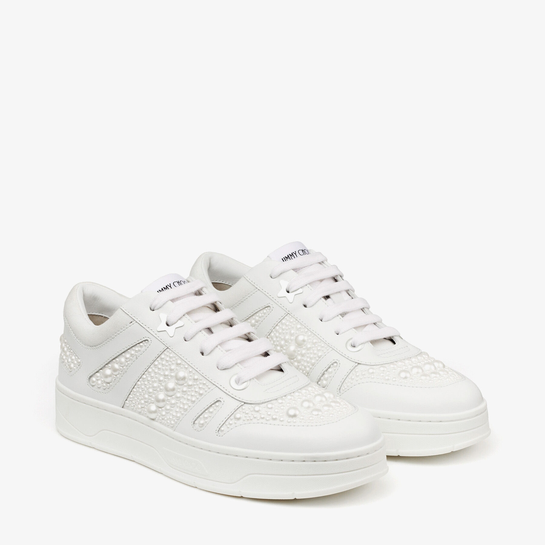 Hawaii/F
White Calf Leather and Canvas Low Top Trainers with Pearl Embellishment - 3
