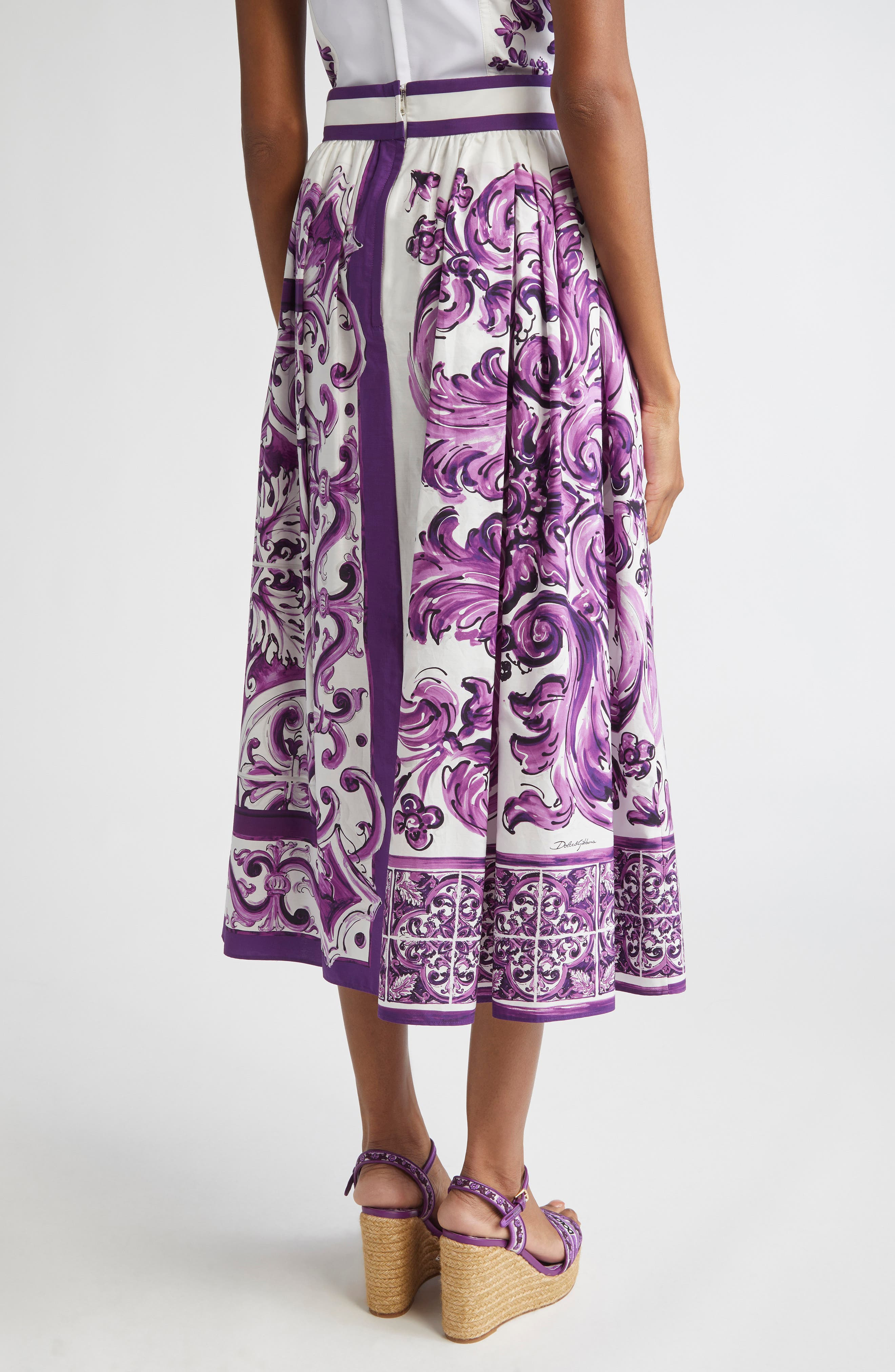 Dolce&Gabbana Majolica Print Cotton Poplin A-Line Midi Skirt in Hp5Dq Mix Maiolica L Viola at Nordst - 3