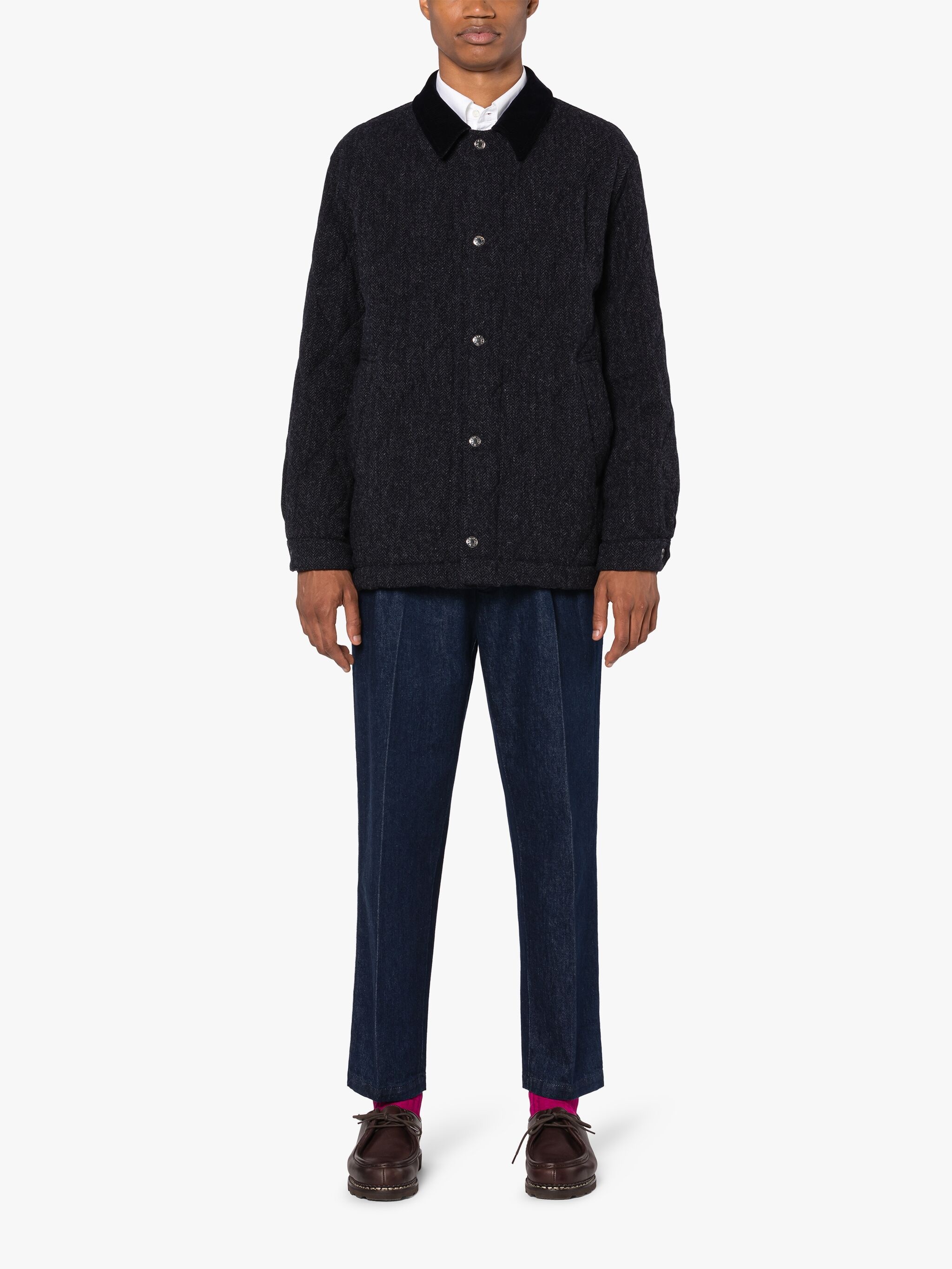 TEEMING NAVY HERRINGBONE WOOL QUILTED COACH JACKET - 3