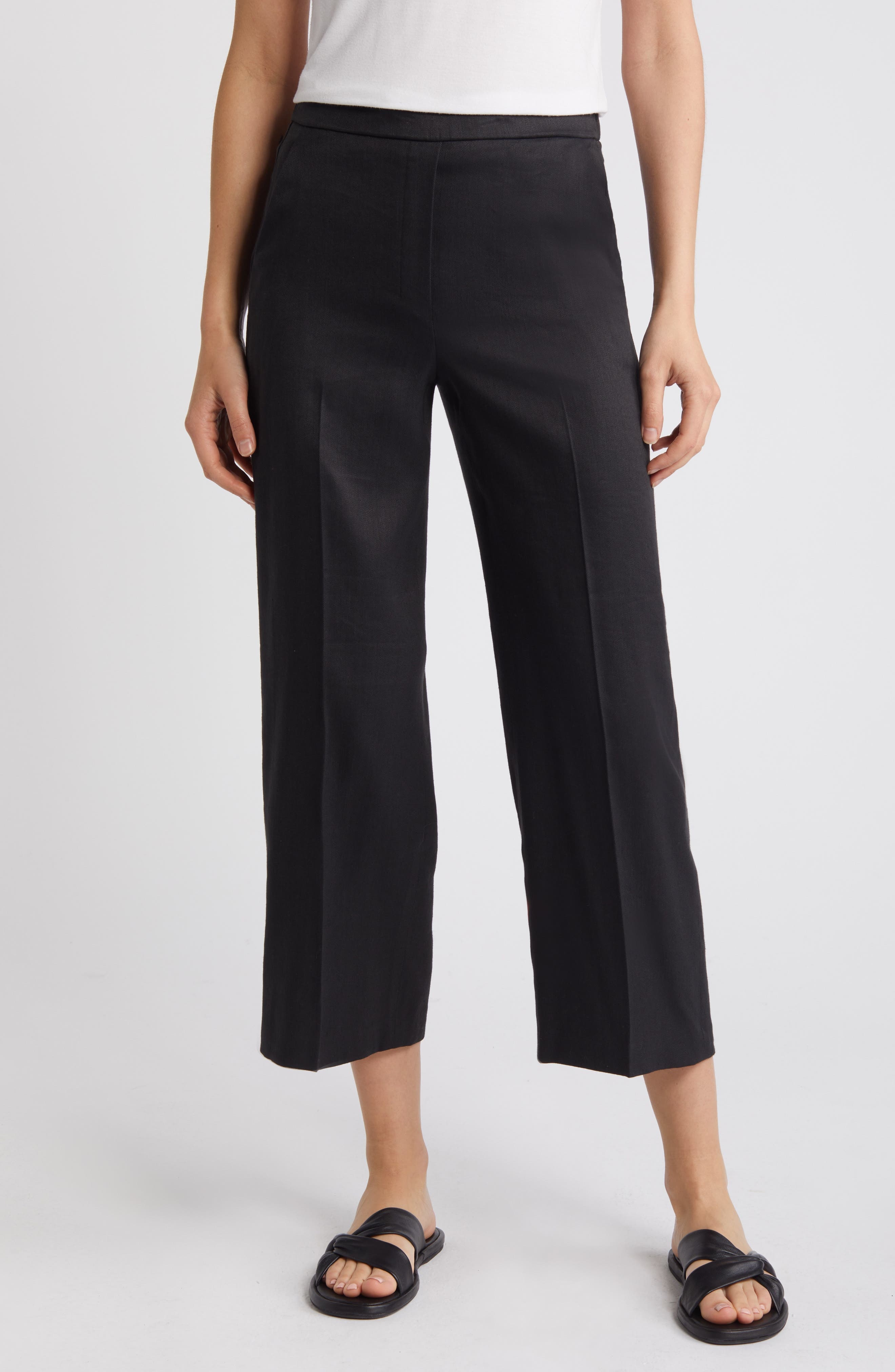 Theory Pull-On Linen Blend Wide Leg Pants in Black at Nordstrom - 1