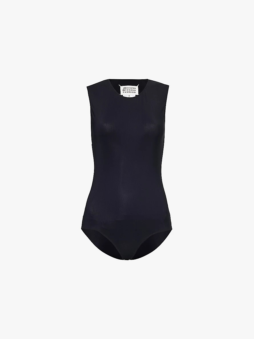 Round-neck short-sleeve stretch-woven bodysuit - 1