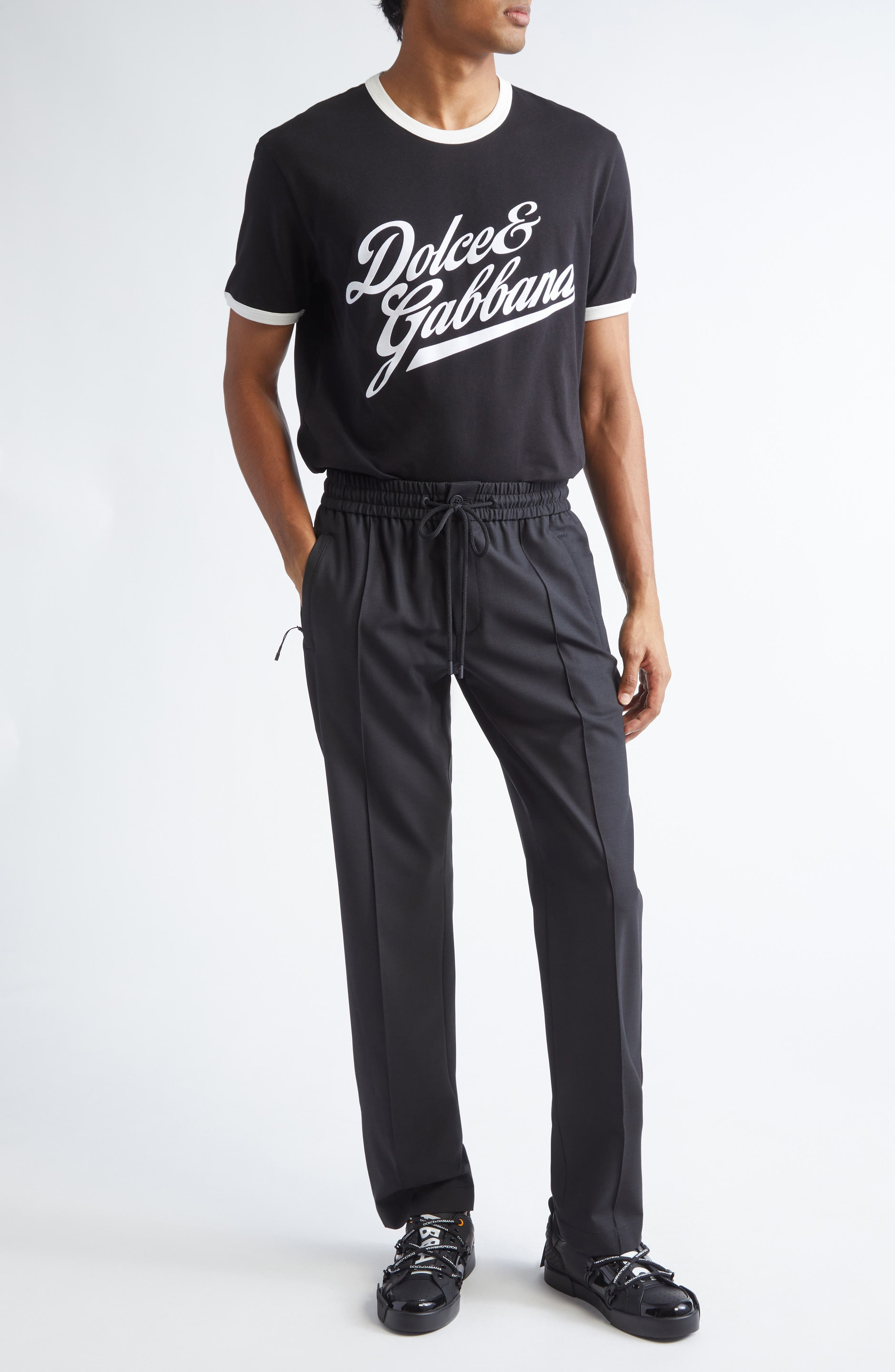 Dolce&Gabbana Flocked Logo Appliqué Ringer T-Shirt in N0000 Nero at Nordstrom - 2