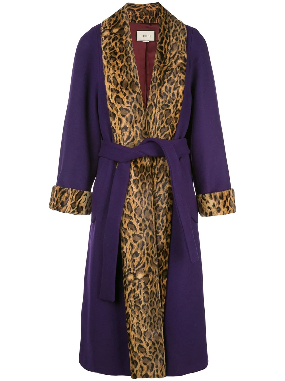 leopard print trimmed belted coat - 1