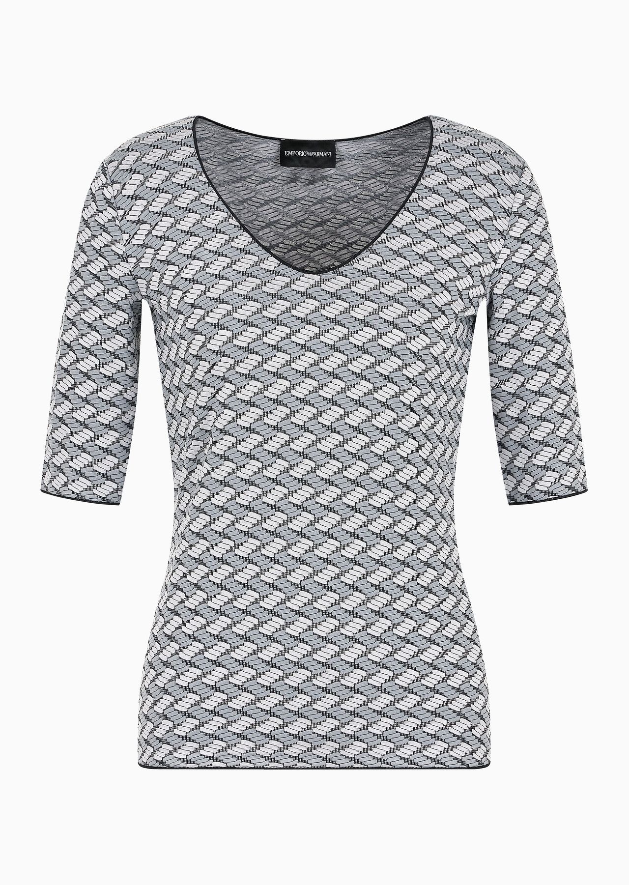 Short-sleeved V-neck jumper in embossed jacquard jersey - 1