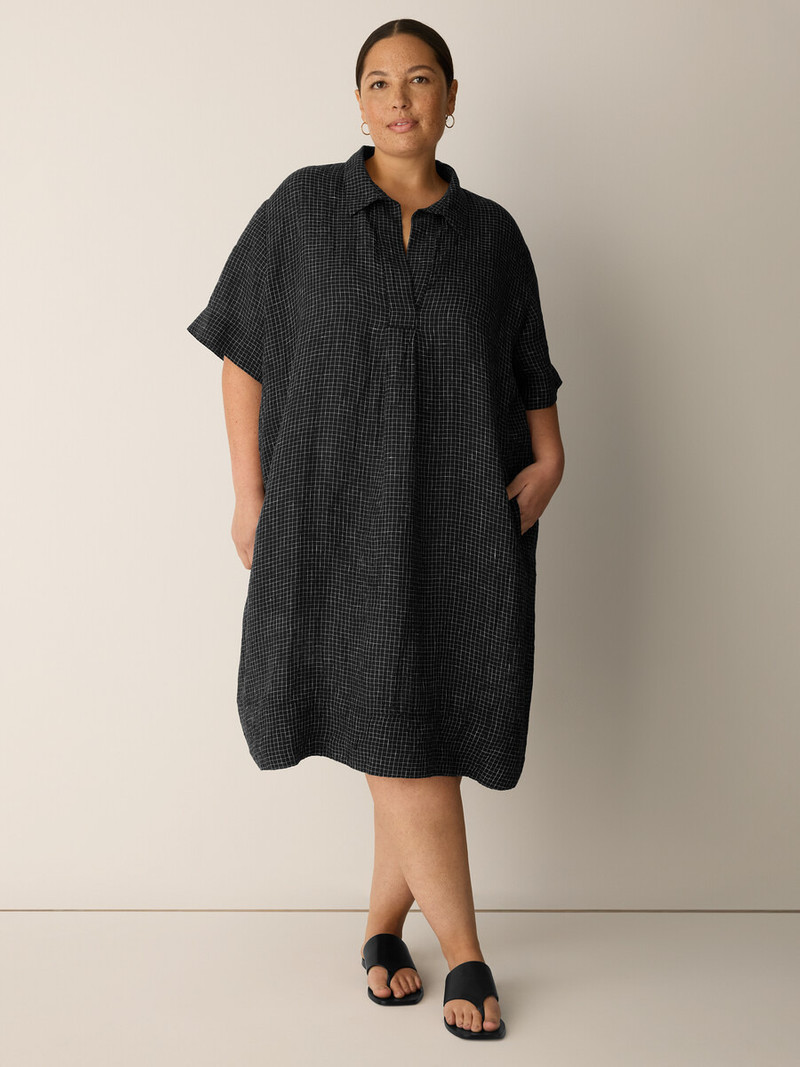 Puckered Organic Linen Grid Classic Collar Dress 6