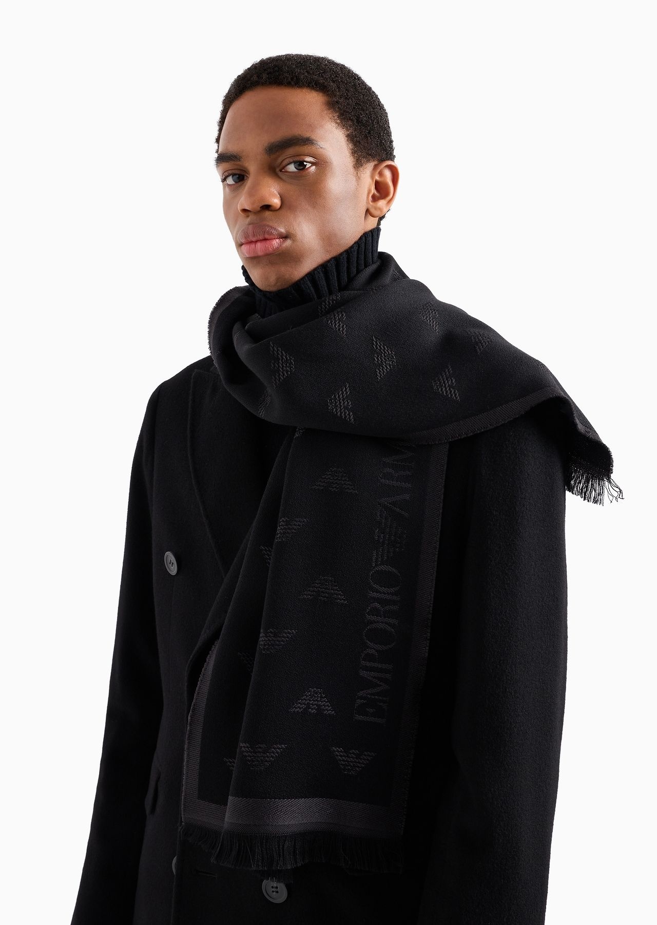 Wool scarf with all-over jacquard eagle - 4
