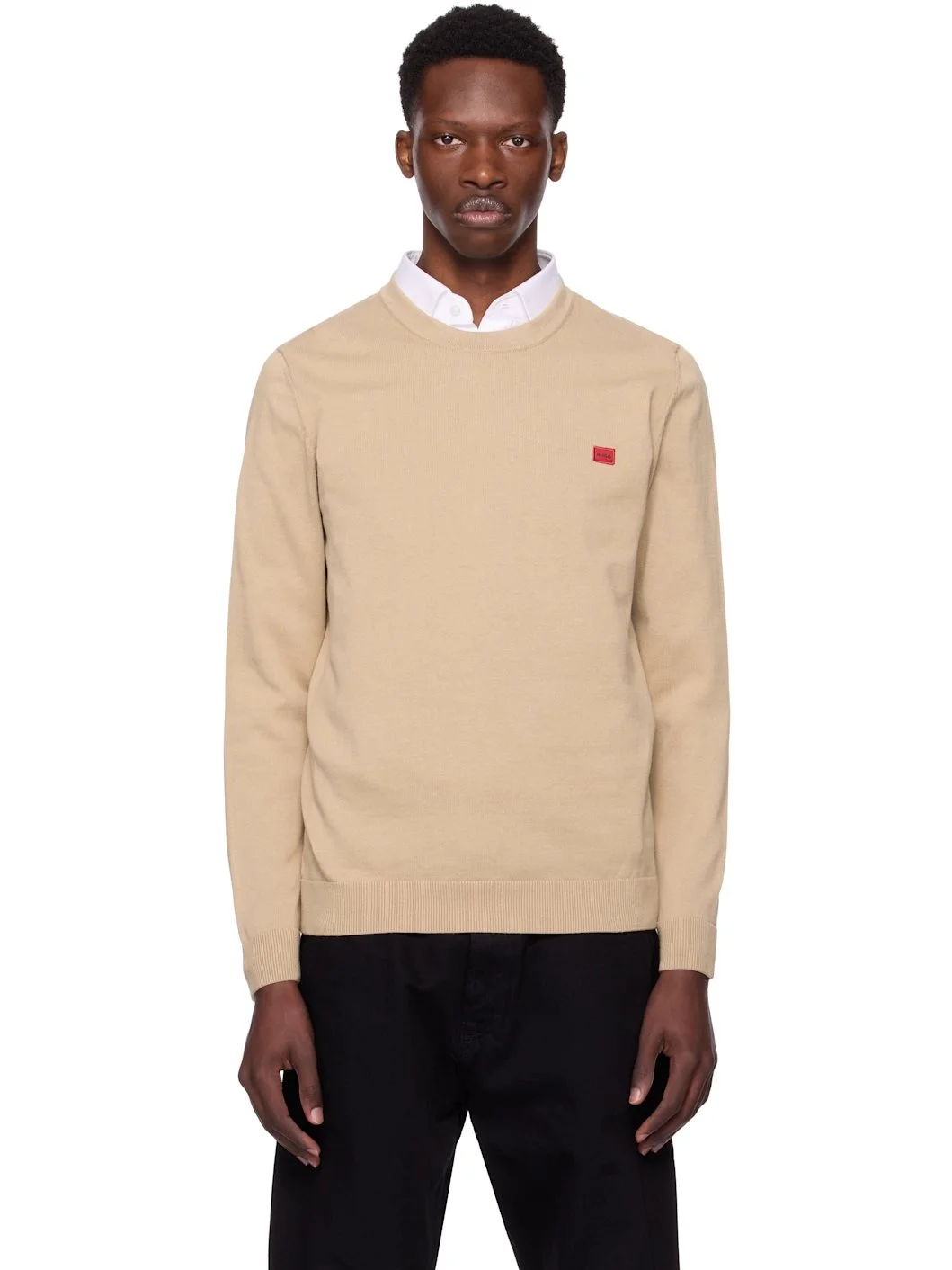 Beige Knitted Cotton Red Logo Label Sweater - 1