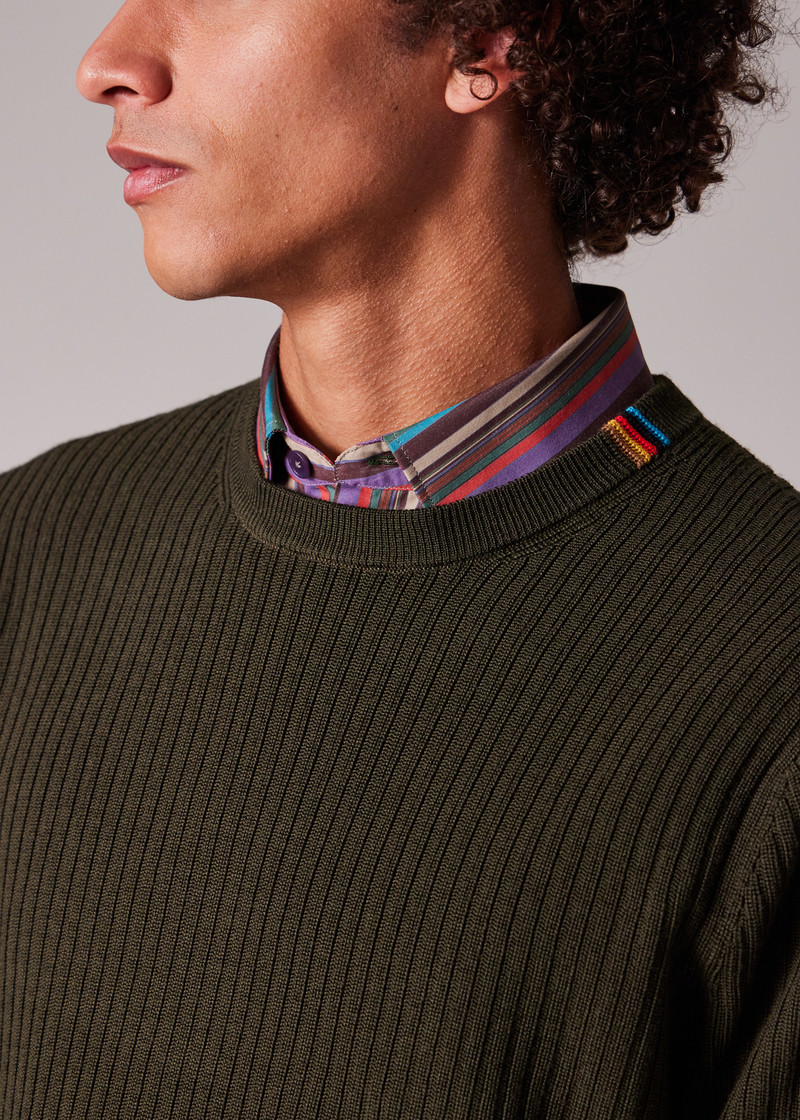 Khaki Washable Merino Wool 'Signature Stripe' Crew Neck Sweater 9