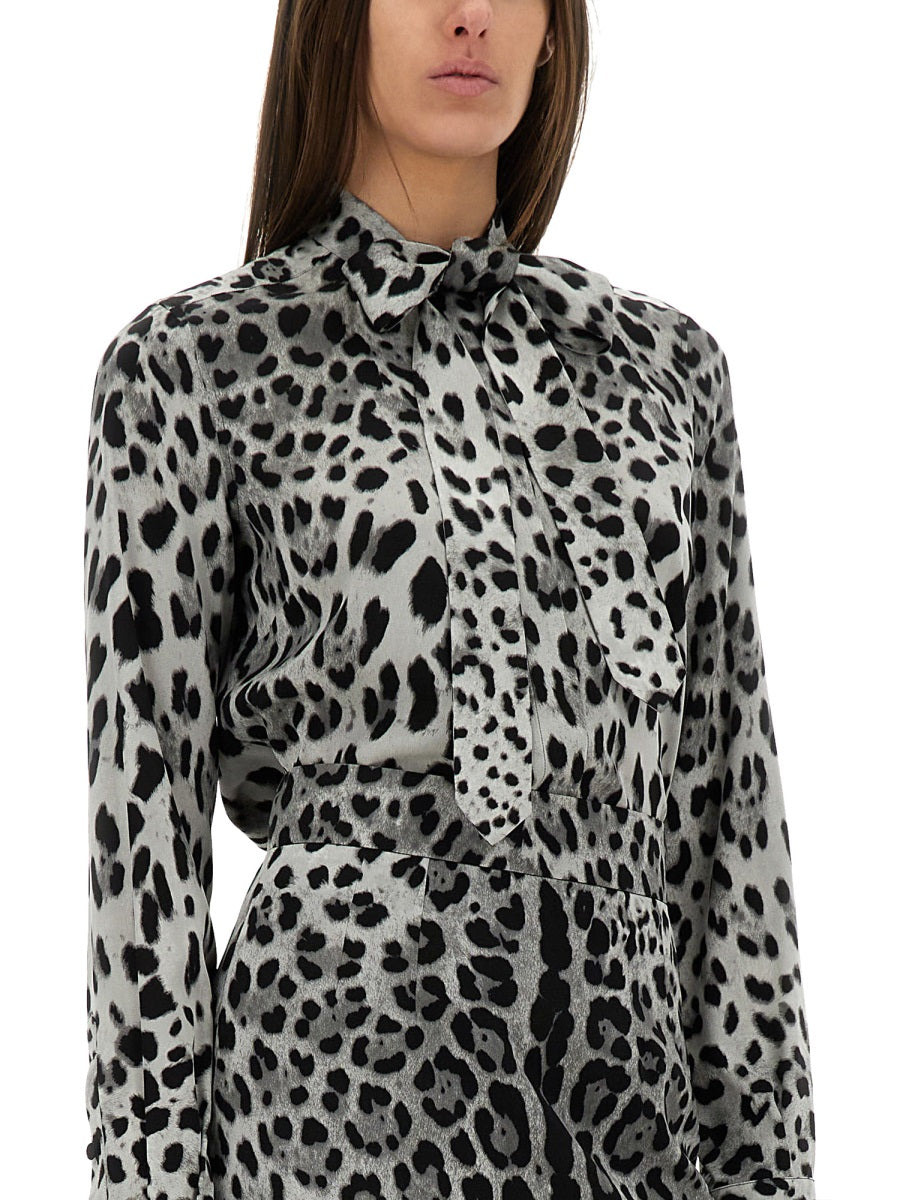 Dolce & Gabbana Women Leopard Print Bow Charmeuse Shirt - 4