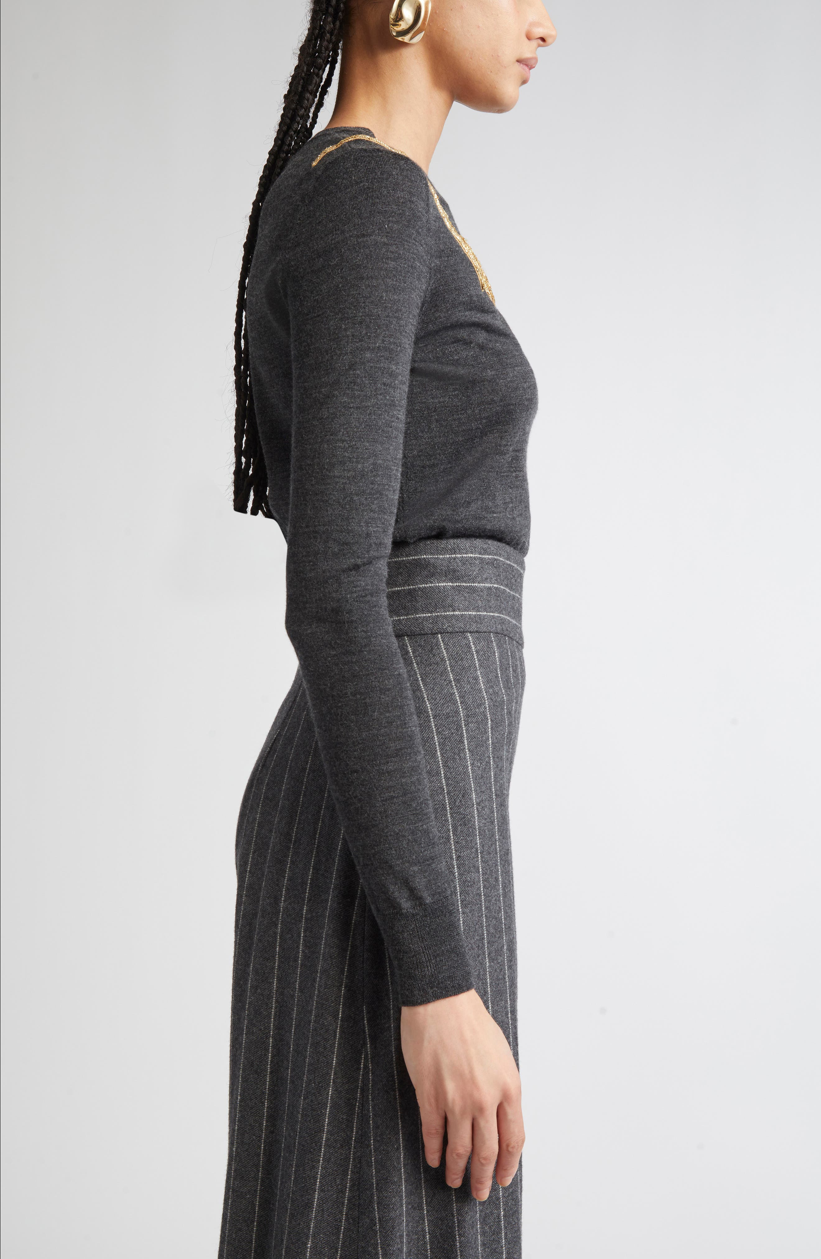 Carolina Herrera Embroidered Long Sleeve Virgin Wool & Silk Crewneck Sweater in Charcoal Grey at Nor - 4