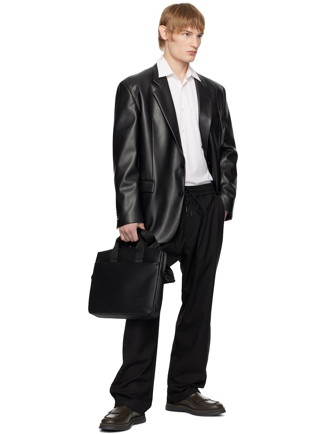 Black Vented Faux-Leather Blazer - 4