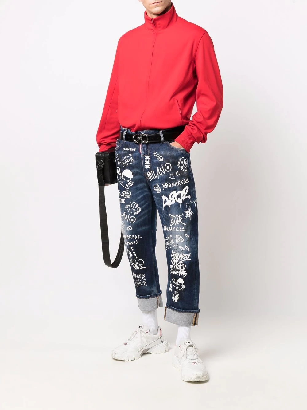 graffiti print turn-up jeans - 2