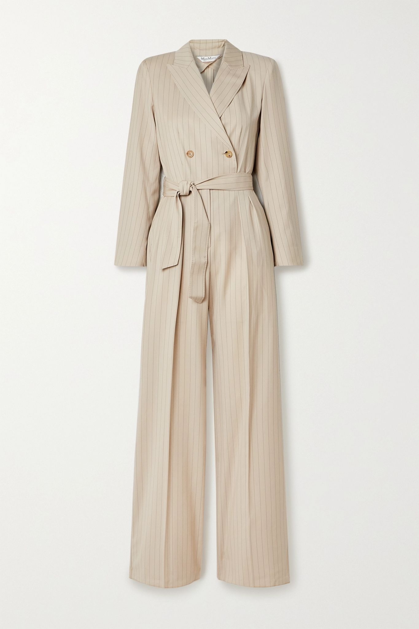 Diana double-breasted belted pinstriped wool-twill jumpsuit - 1