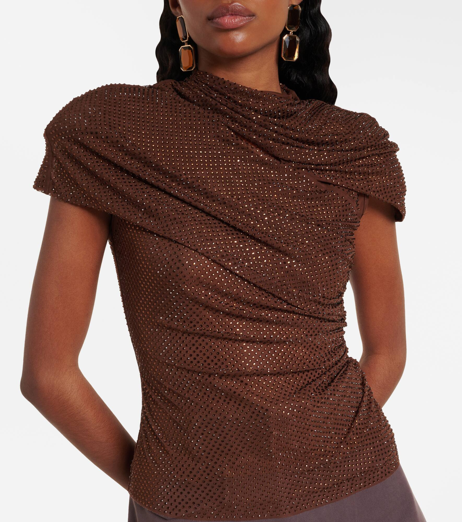 Crystal-embellished draped mesh top - 5