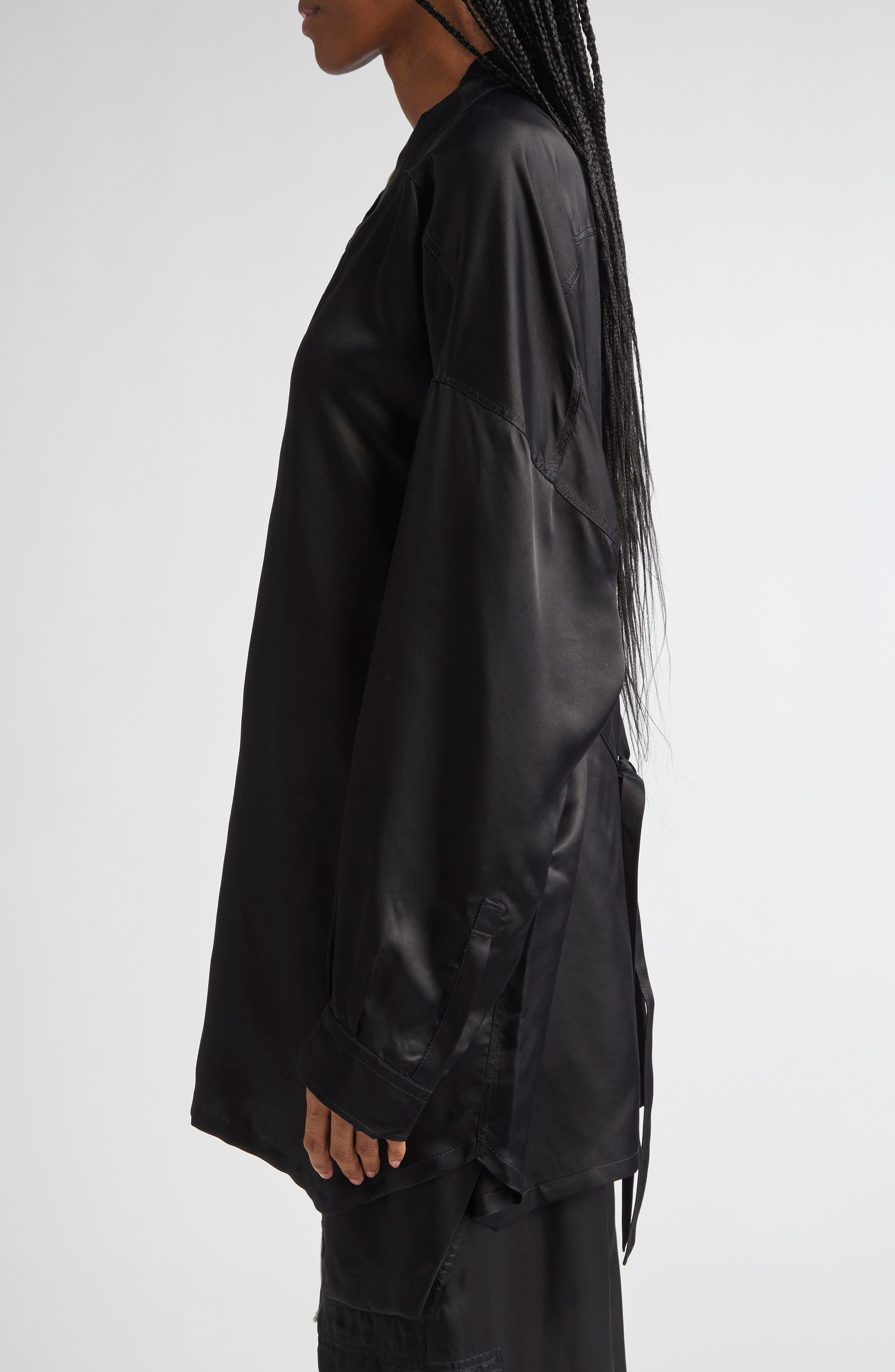 Rick Owens Long Sleeve Belted Satin Minidress in Black at Nordstrom - 5