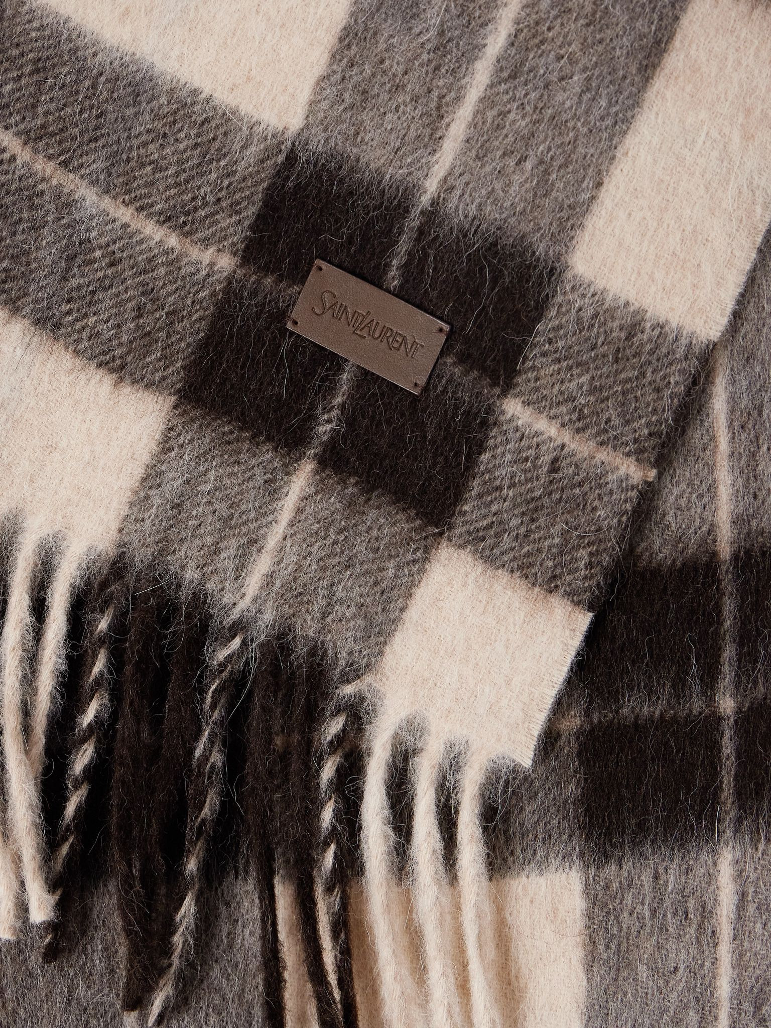 Fringed checked llama and wool-blend scarf Dark brown - 3