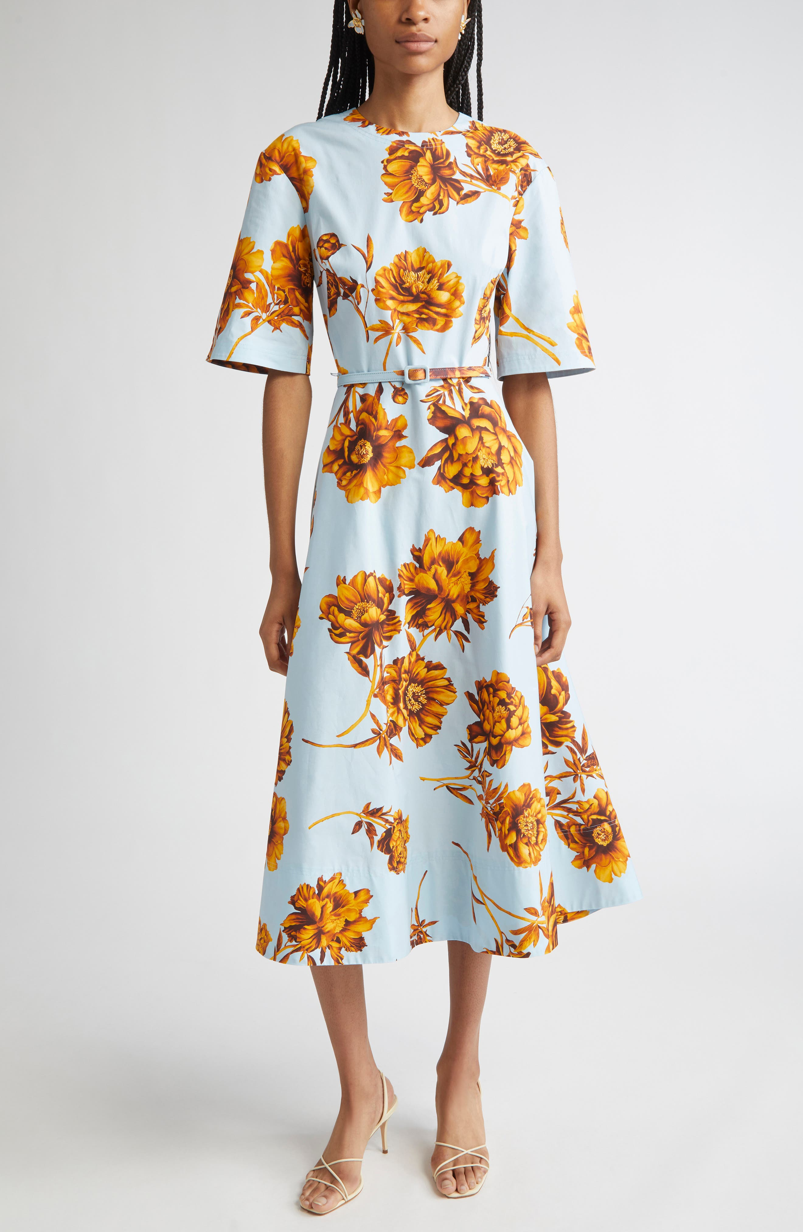 Oscar de la Renta Tonal Peony Print Stretch Poplin Belted Dress in Brown/Ice Blue at Nordstrom - 1