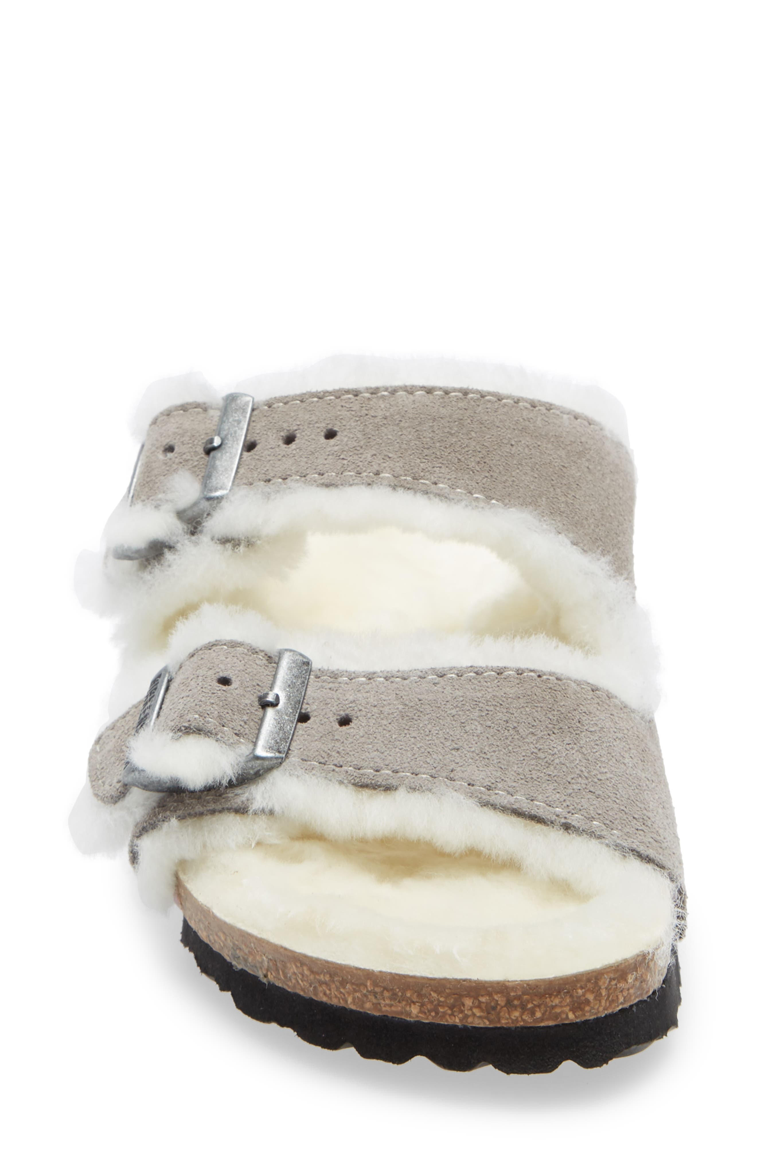Birkenstock Arizona Genuine Shearling Lined Slide Sandal in Stone Coin Suede at Nordstrom - 4