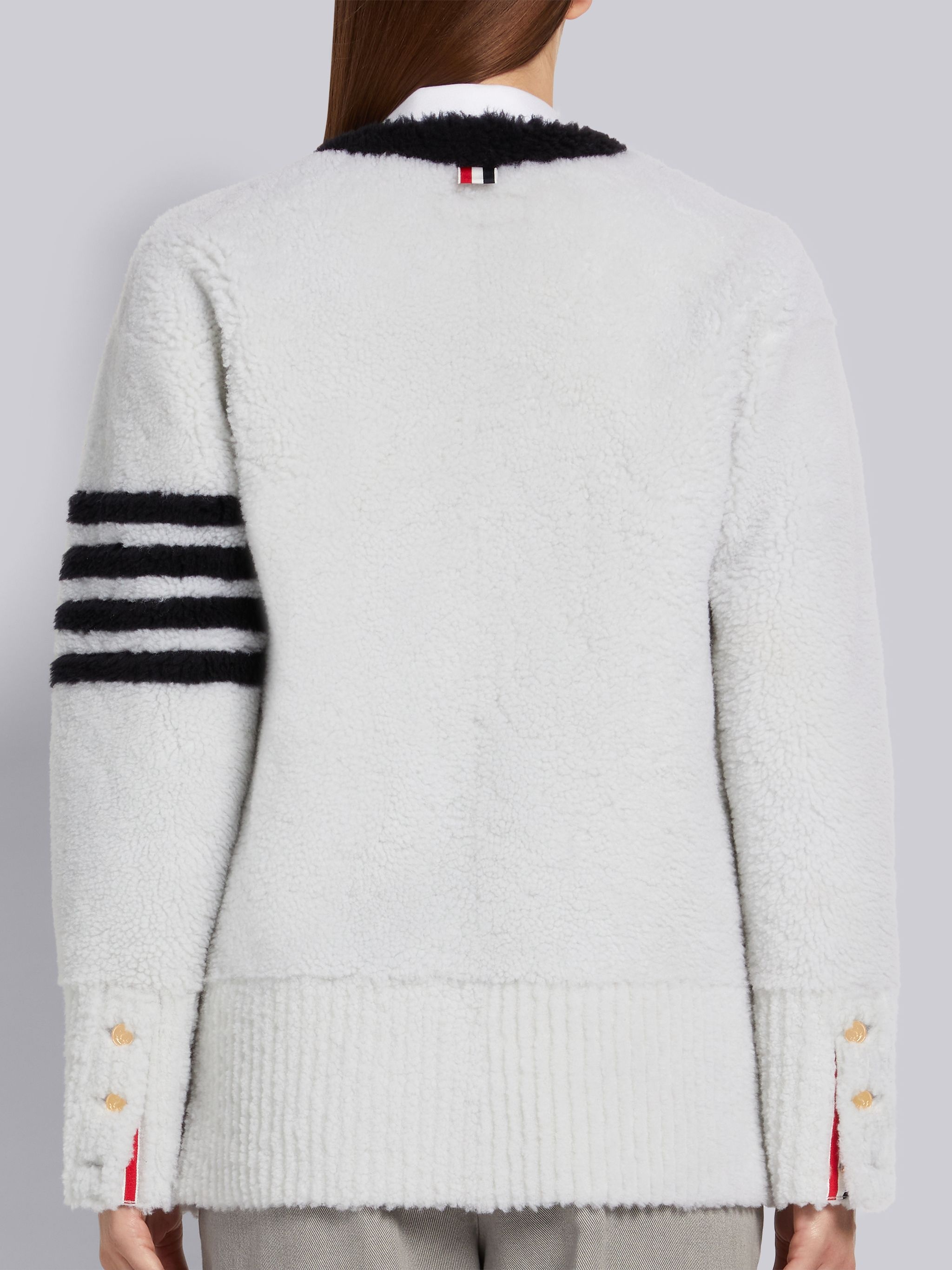White Shearling Contrast 4-Bar V-Neck Cardigan Jacket - 3