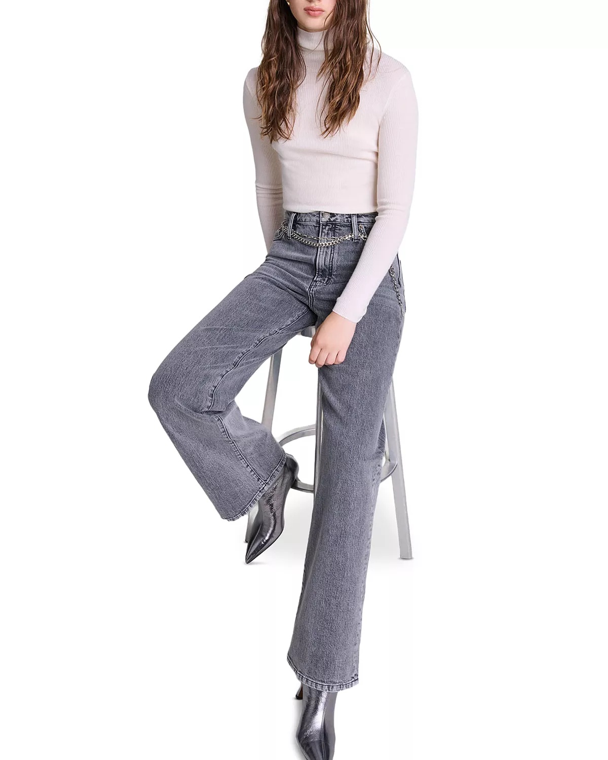 Belted Wide Leg Jeans in Grey - 6