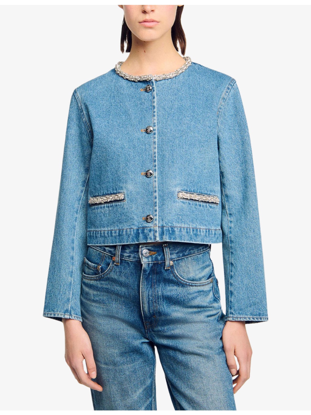 Rhinestone-Embellished Round-Neck Denim Jacket - 3