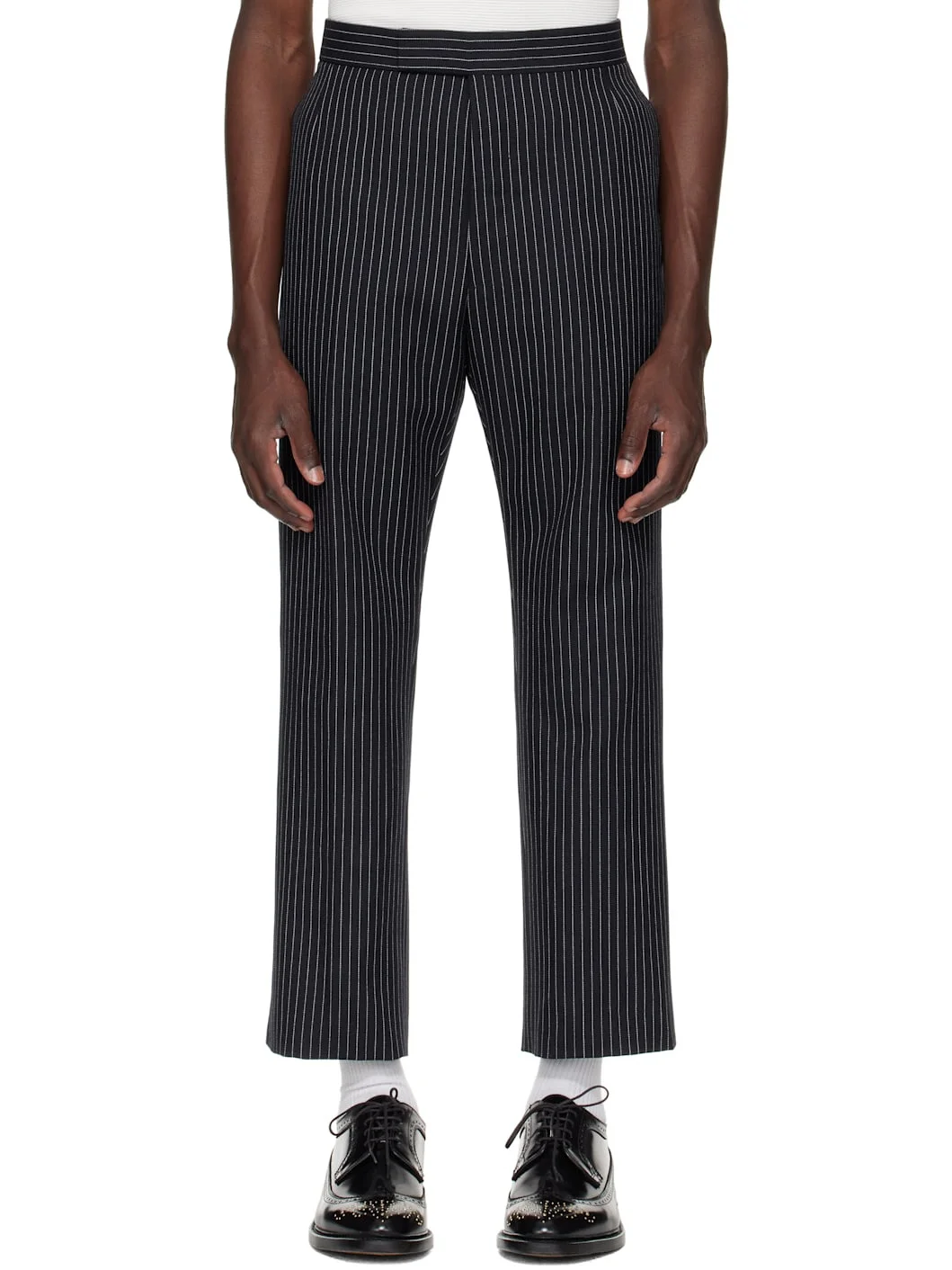 Navy Pinstripe High Twist Wool Backstrap Trousers - 1