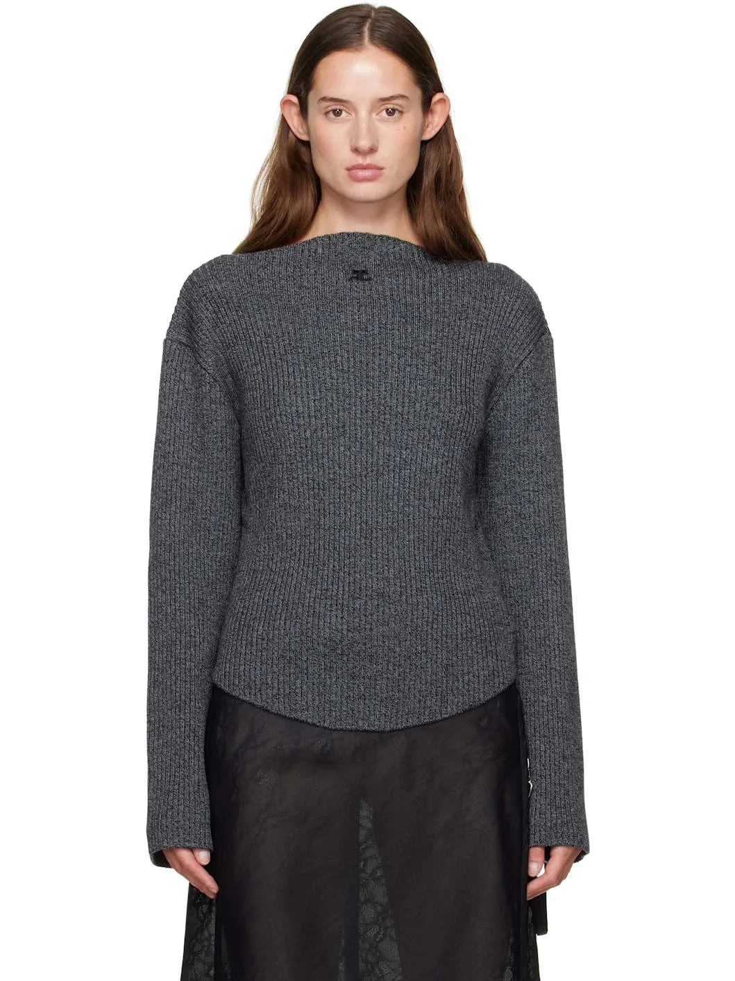 Gray Boatneck Ribbed Wool Sweater - 1