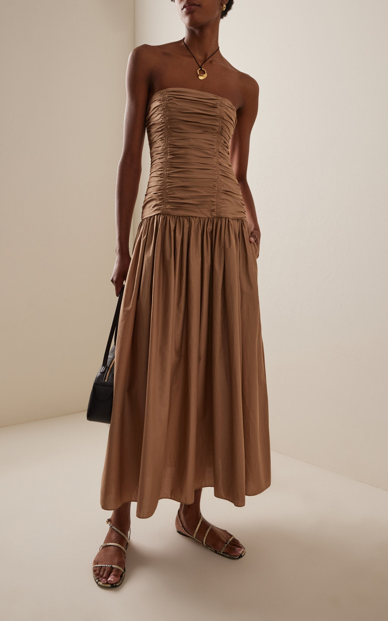 MATTEAU Strapless Ruched Cotton Drop-Waist Maxi Dress tan outlook