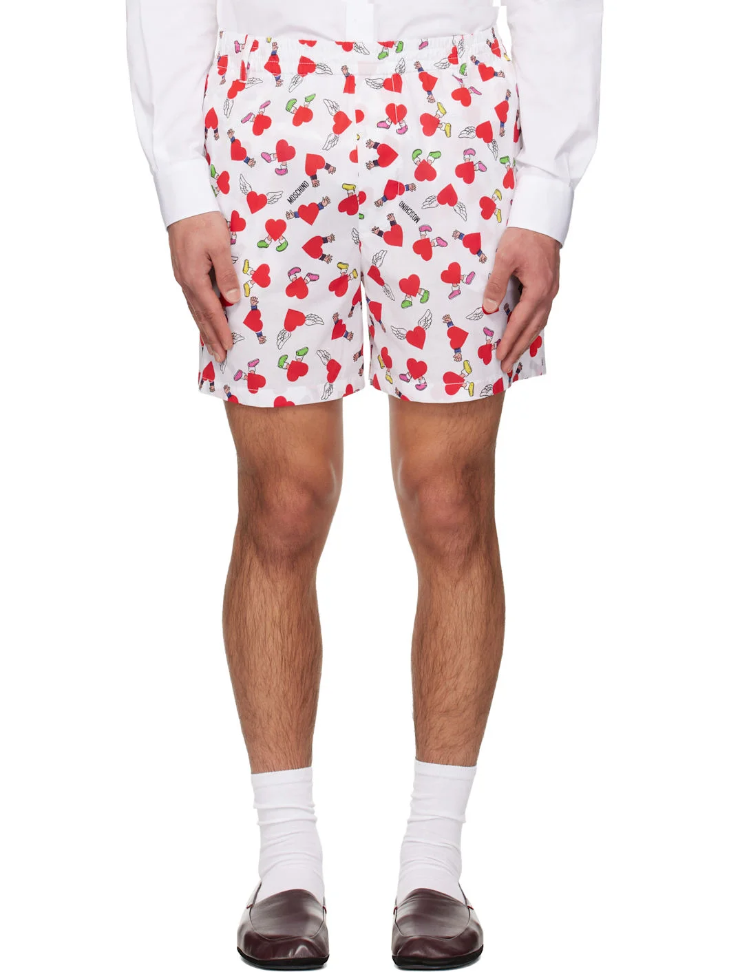 White & Red Print Lightweight Cotton Poplin Shorts - 1