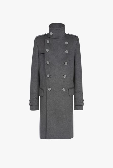 Long medium gray cashmere coat with double-breasted silver-tone buttoned fastening - 1