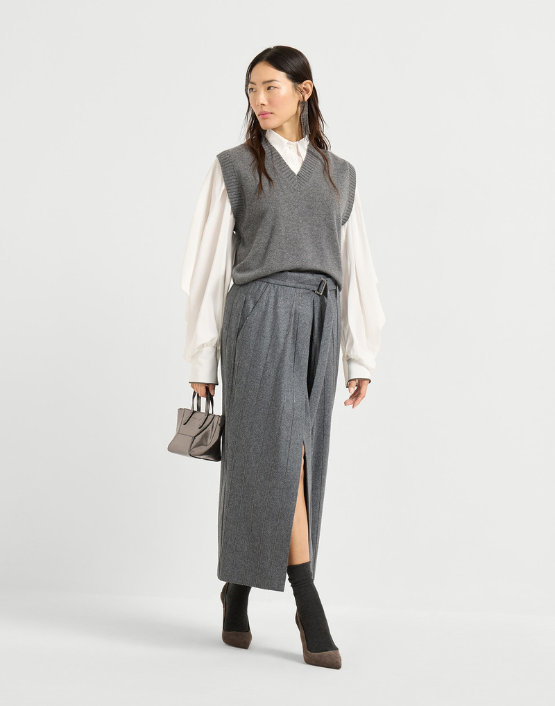 Virgin wool flannel sartorial wrap skirt with shiny Chalk Stripe embroidery 4