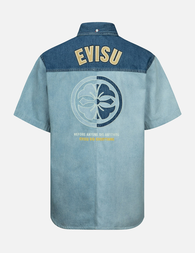 EVISU KAMON APPLIQUÉ FABRIC BLOCKING DENIM SHIRT outlook