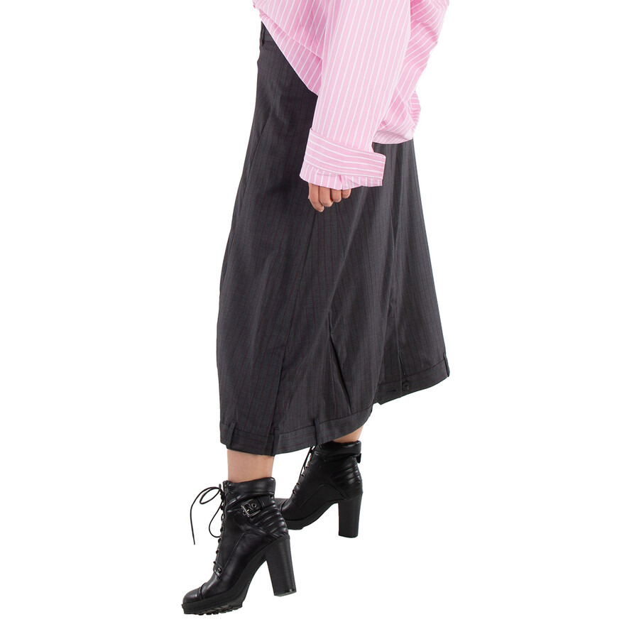 Balenciaga Ladies Grey / Red Pinstripe-Pattern Midi Wool Skirt - 4