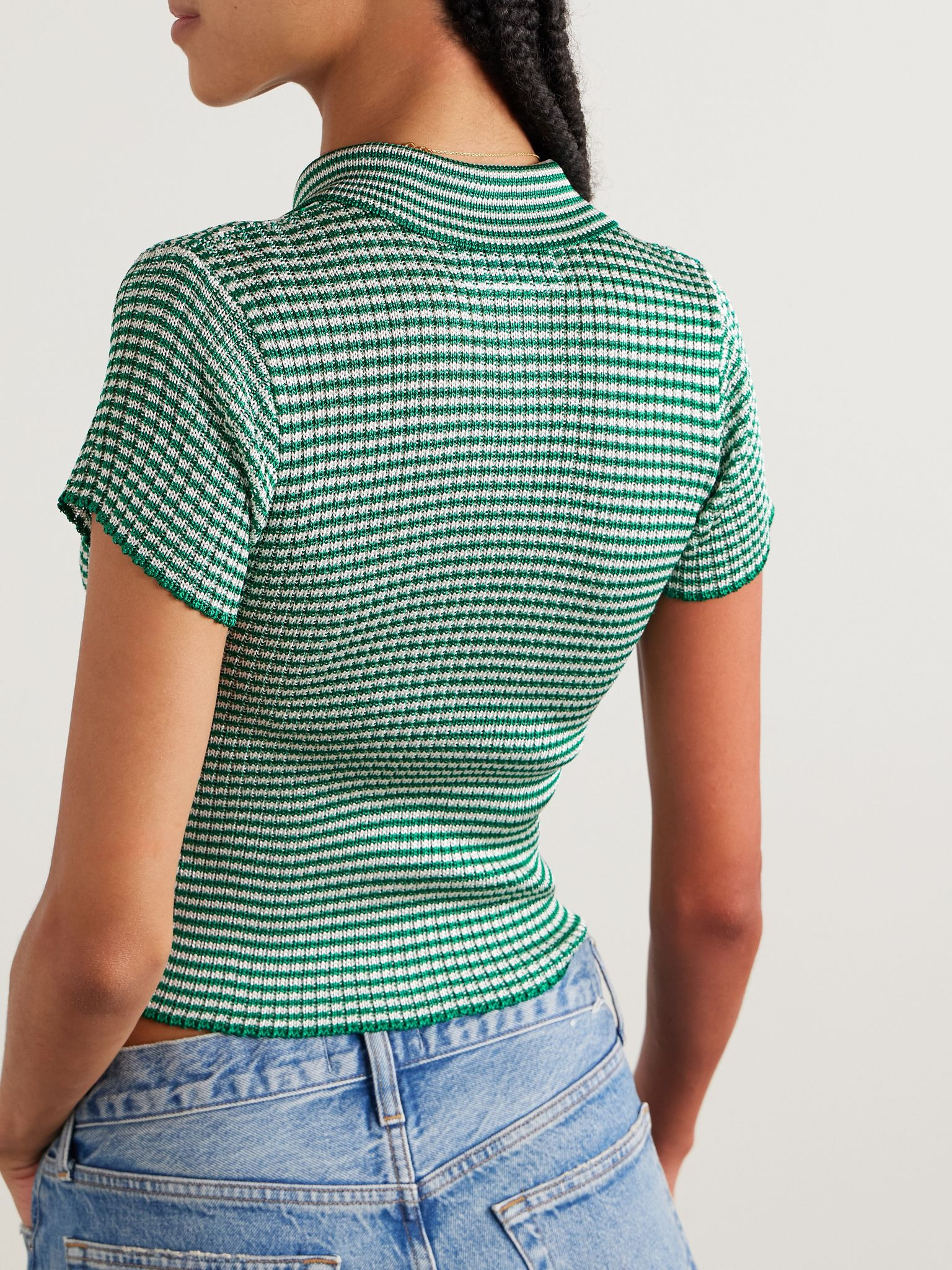 Striped ribbed-knit polo shirt Green - 3