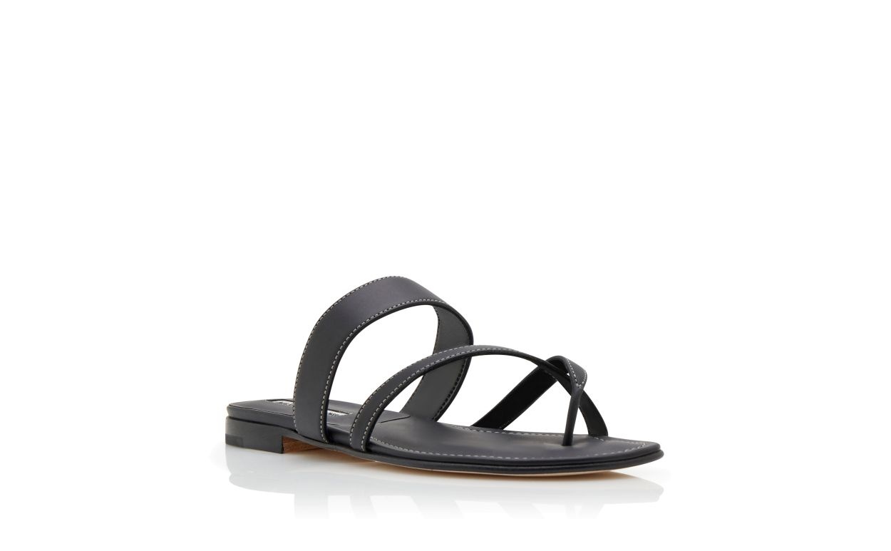 Black Calf Leather Crossover Flat Sandals - 3