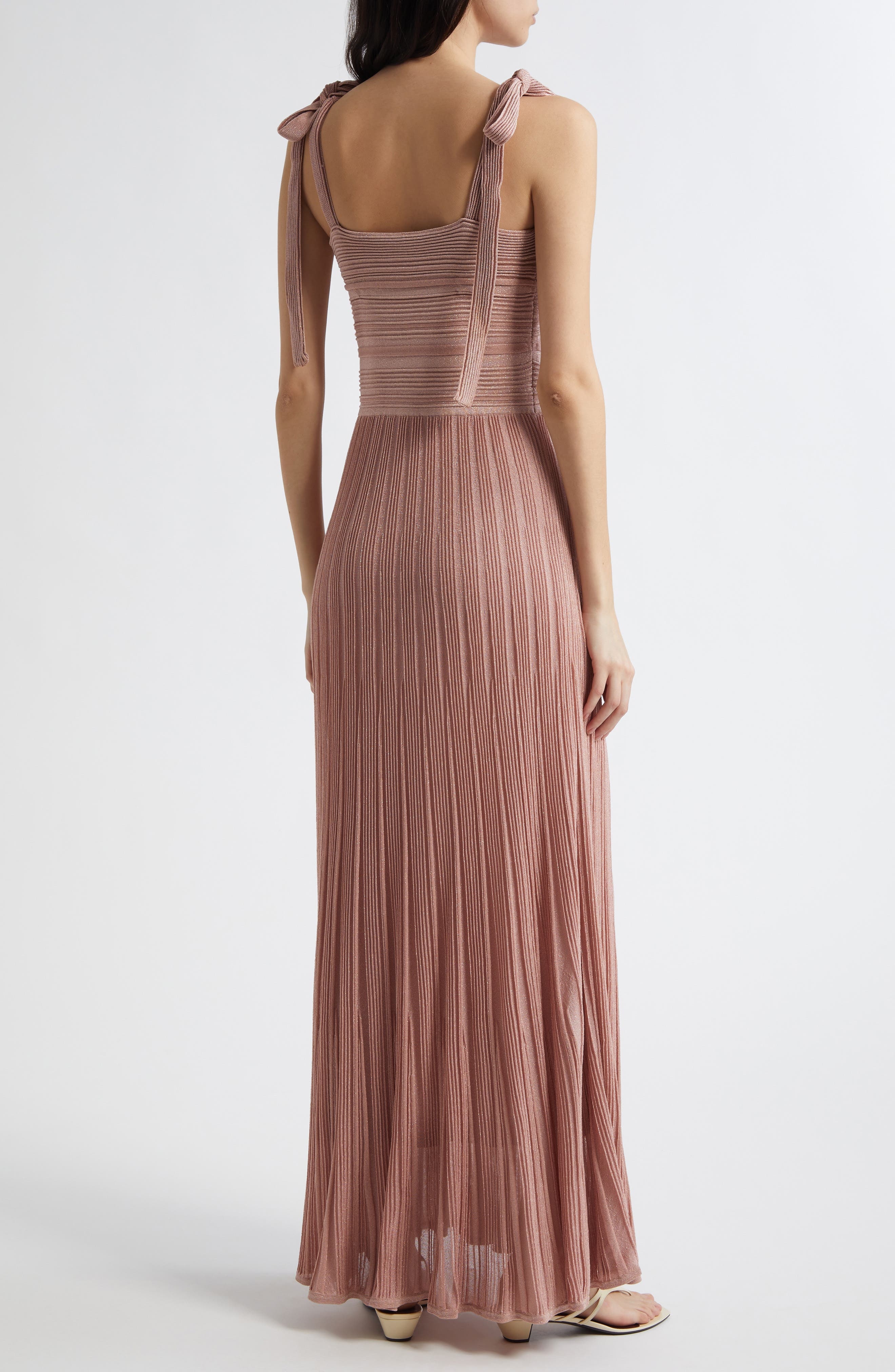 Zimmermann Lucky Tie Shoulder Metallic Rib Maxi Dress in Metallic Pink at Nordstrom - 2