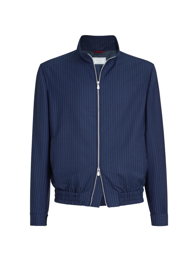Men's Wool and Mohair Pinstripe Fresco Outerwear Jacket with Stand Collar - Blue 1