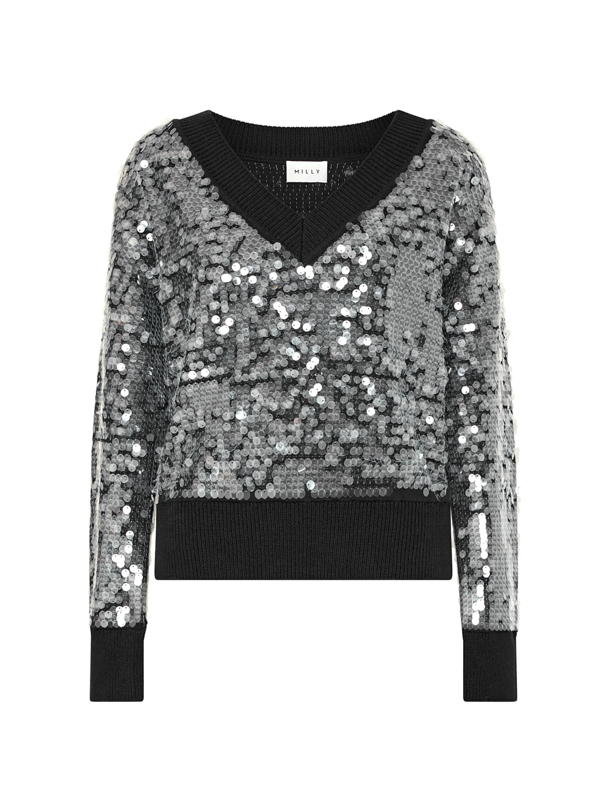 Women's Ilaria Sequined V-Neck Sweater - Black - 1
