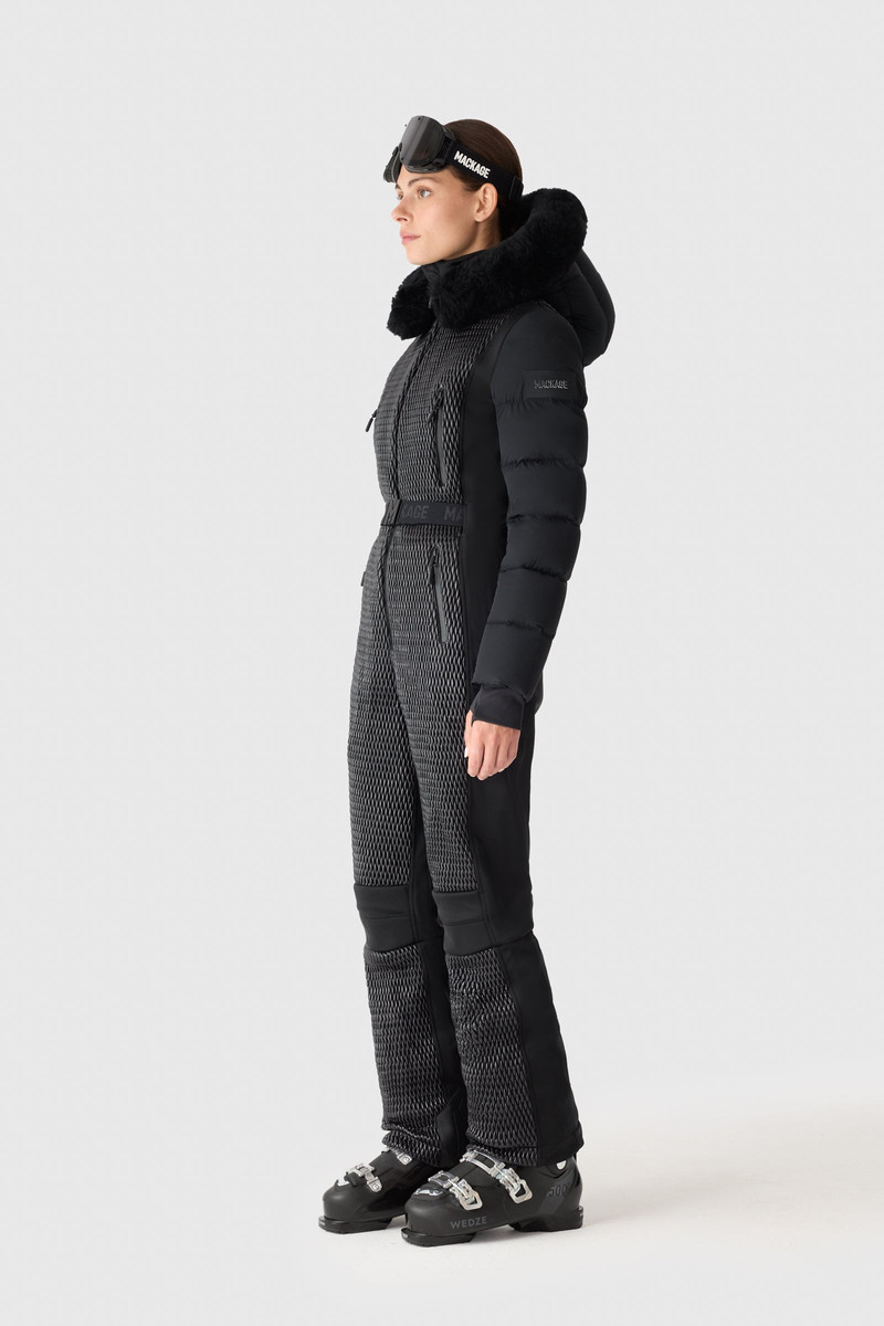LORELLE Belted Down Ski Suit With Removable Shearling-Trimmed Hood 3