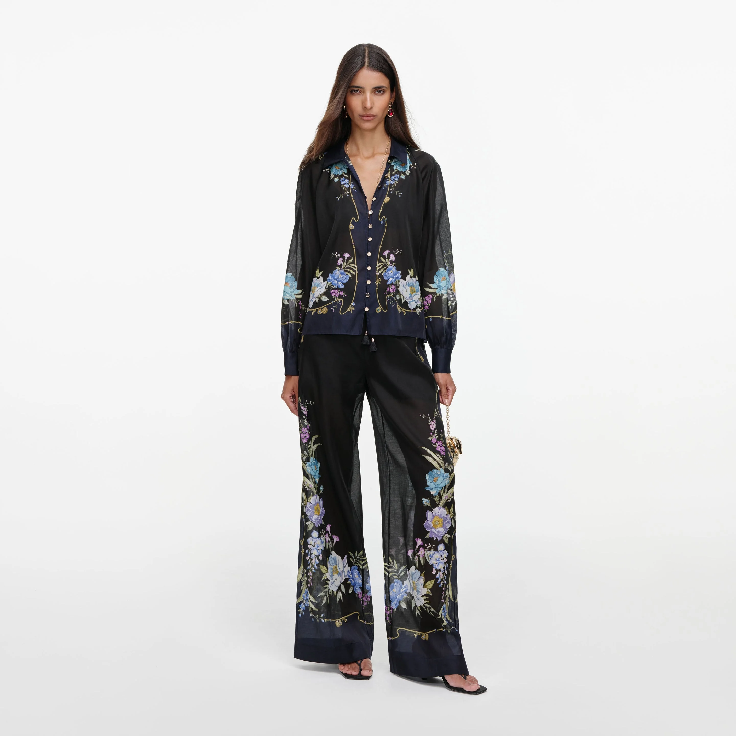 Navy Floral Organza Trousers - 1