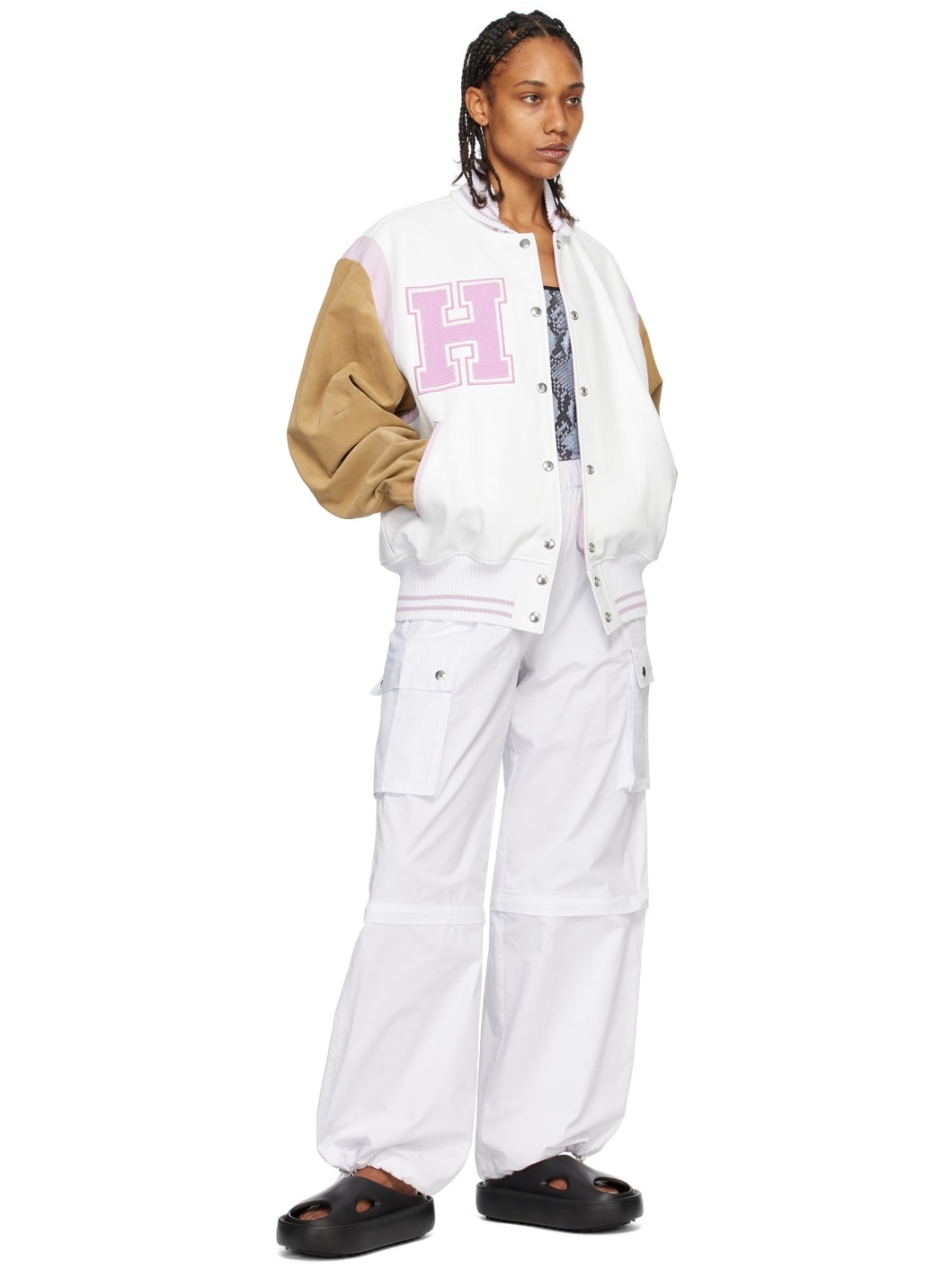 White & Pink Paneled Bomber Jacket - 4