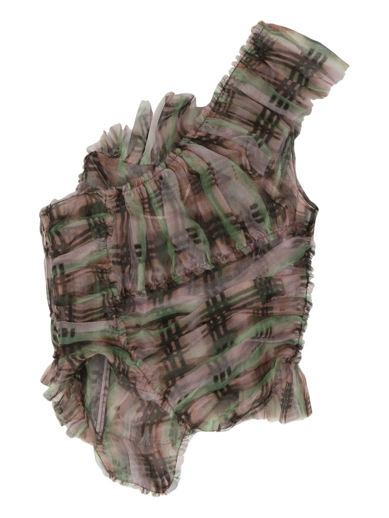 Collina Strada plaid ruffle silk-chiffon top outlook