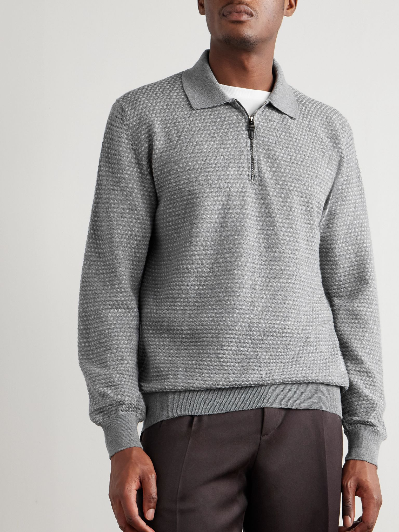Basketweave Jacquard-Knitted Wool Half-Zip Polo Shirt Gray - 3
