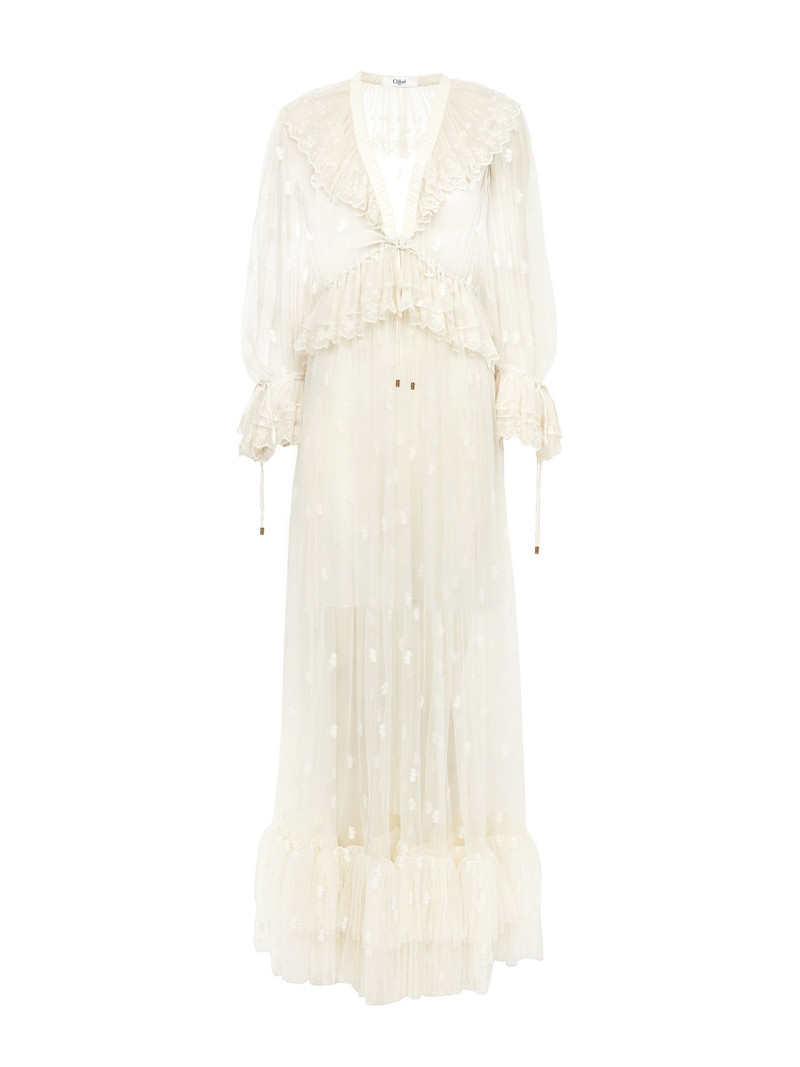 GATHERED V-NECK LONG DRESS IN EMBROIDERED LACE 1