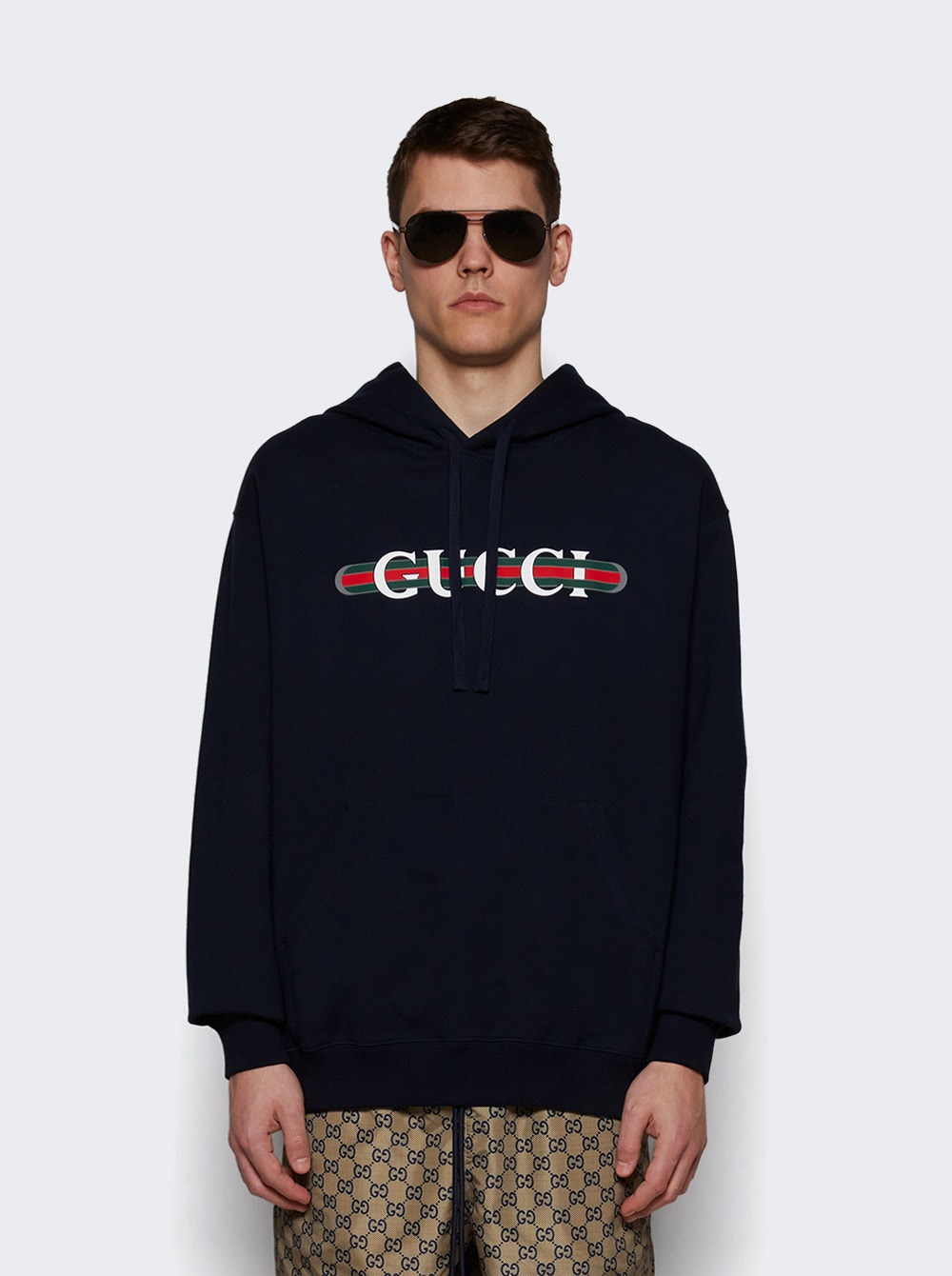 Printed Cotton Jersey Hooded Sweatshirt Dark Blue - 2