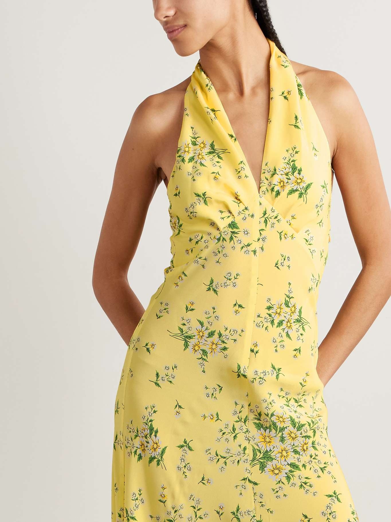 Appliquéd floral-print silk crepe de chine halterneck gown Yellow - 5