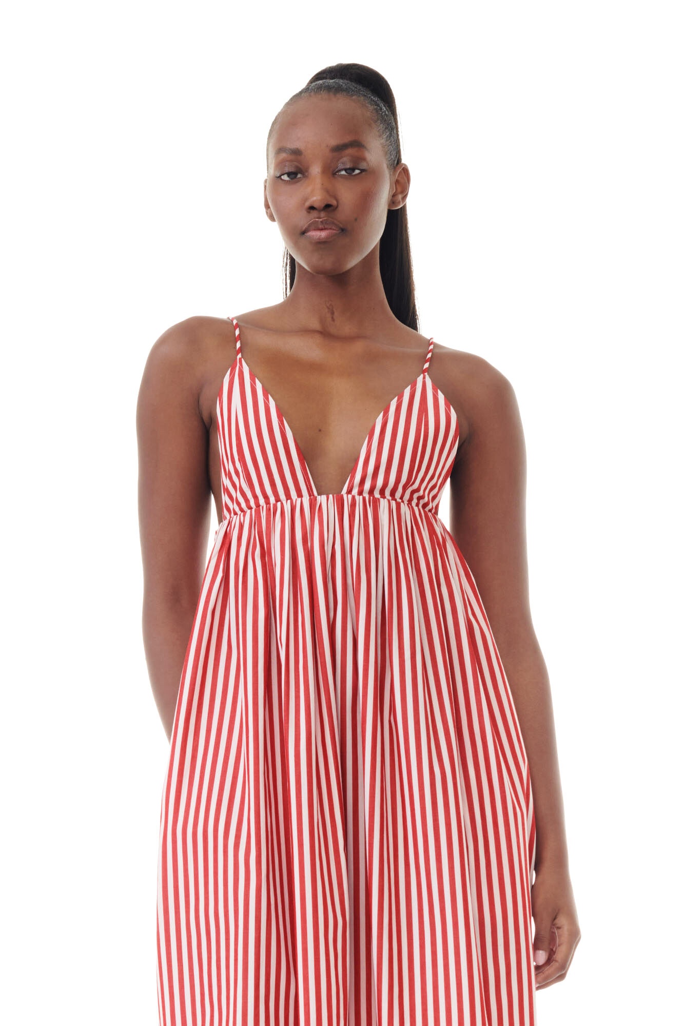 GANNI RED STRIPE COTTON STRAP MIDI DRESS | REVERSIBLE