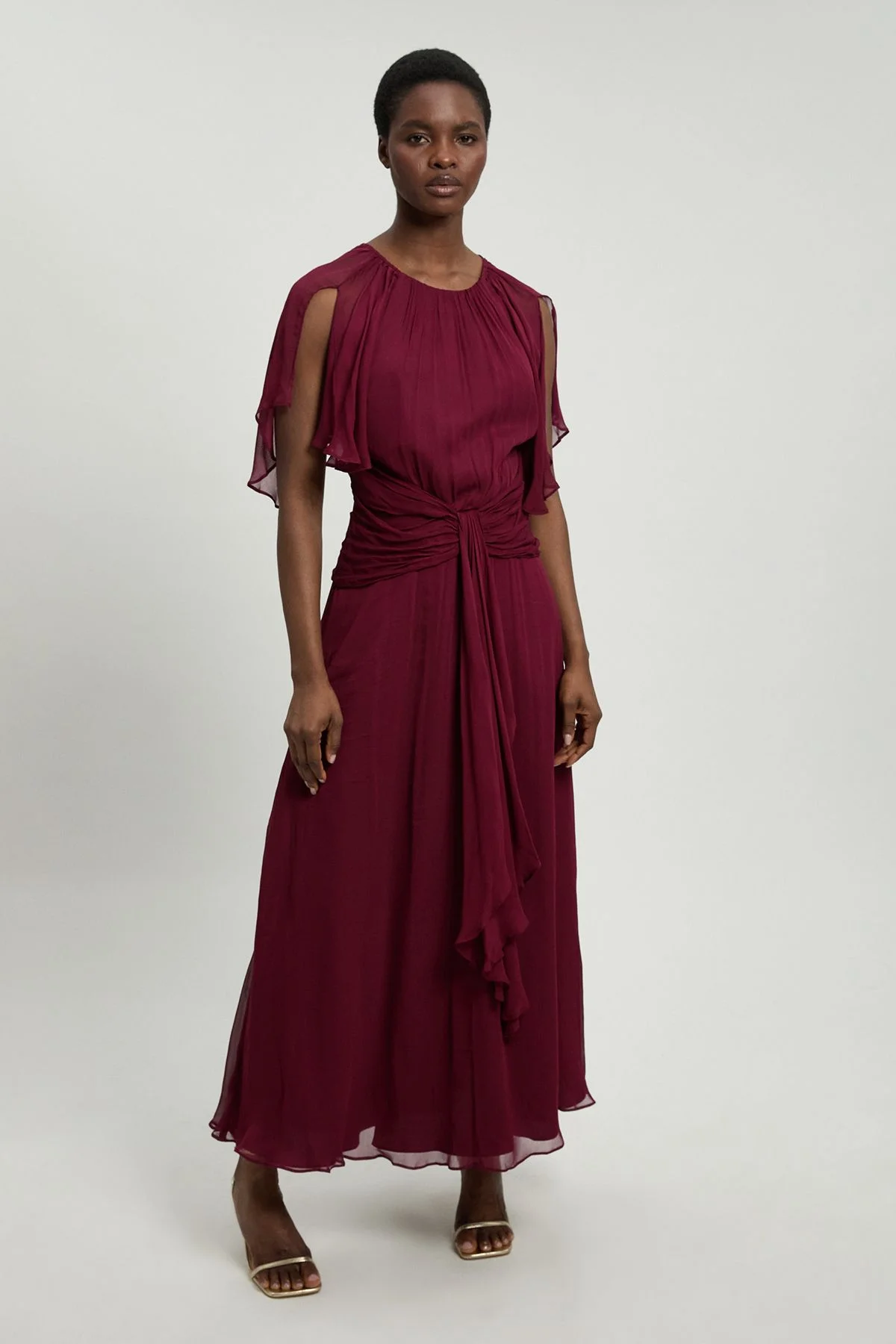 Petite Viscose Georgette Cape Sleeve Ruffle Woven Maxi Dress - 1