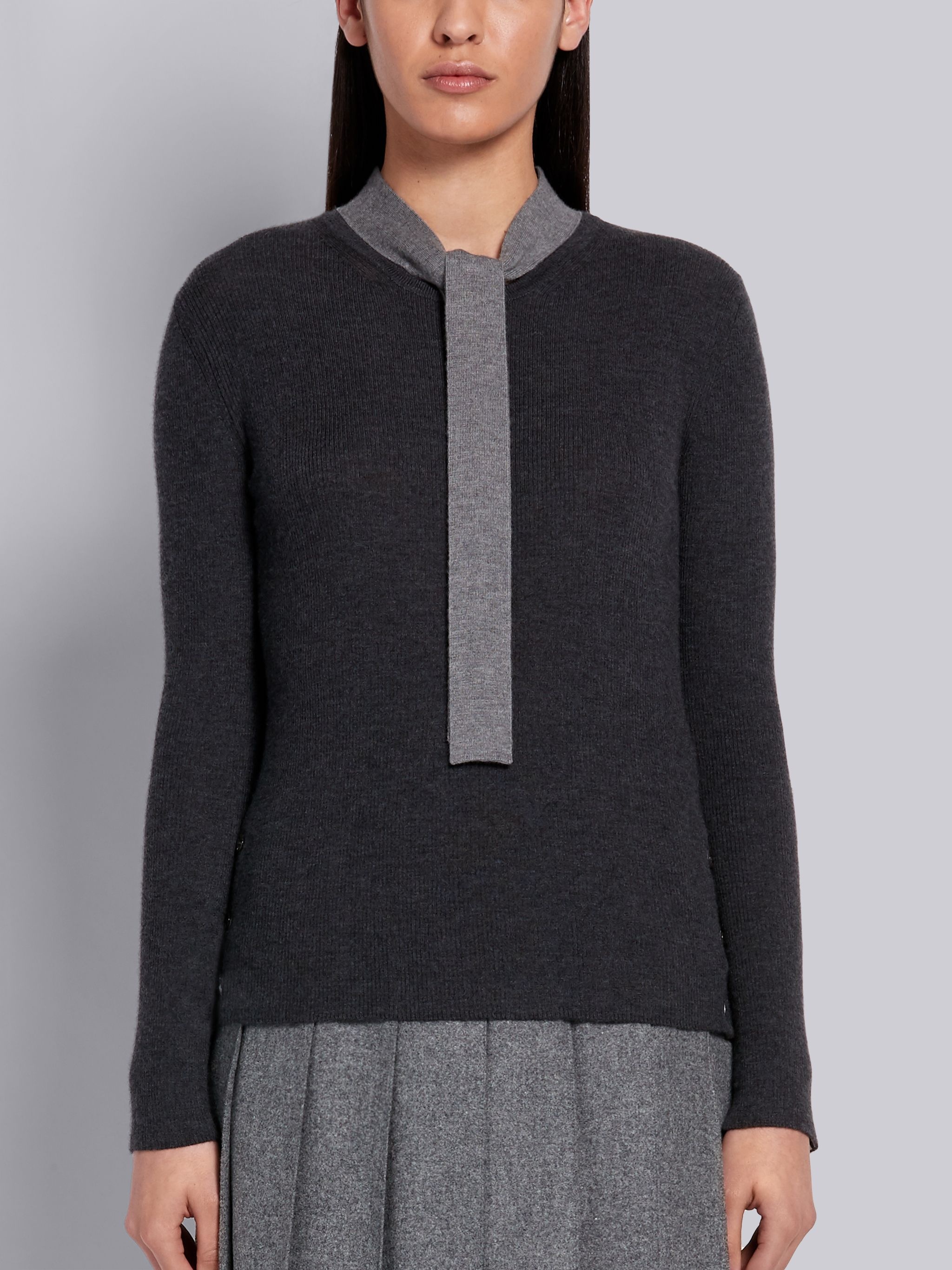 Dark Grey Cashmere Rib Neck Tie Crewneck Pullover - 1