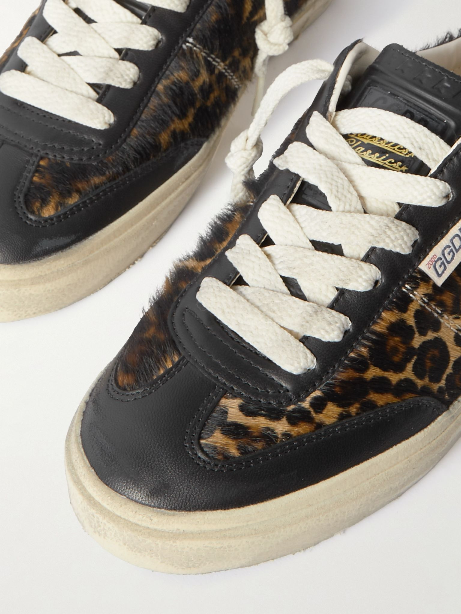 Soul-Star distressed leather-trimmed leopard-print calf hair sneakers Leopard print - 4